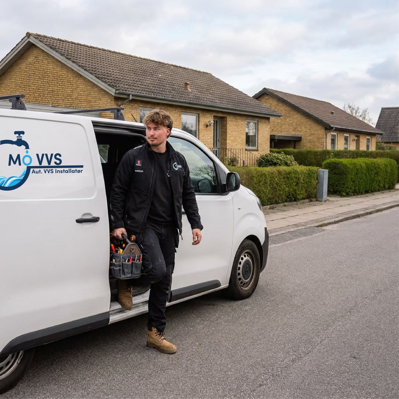Montør fra Sabro VVS ankommer i servicebilen til et parcelhus i Sabro-området
